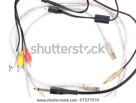Silver USB cable with audio and video cable isolated on white