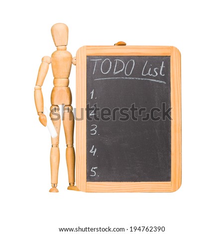 Wooden dummy with chalkboard todo list isolated on white.
