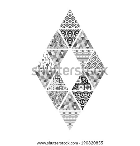 Abstract figure of black and white diamond-shaped triangles with different pictures.Raster.