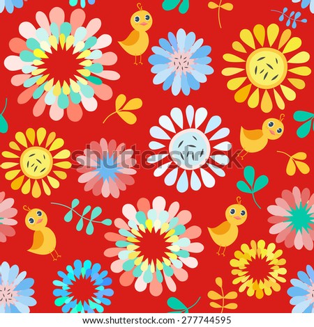 Seamless pattern with cute  flowers and birds. Colorful vector background . Bright  template