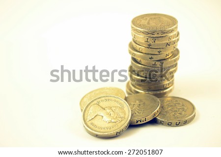 Pile or stack of UK 1 pound coins