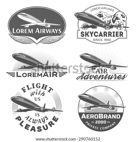 Set of aircraft and air transportation vector labels.Logo templates,badges,emblems,signs black graphic collection.Air voyage,tour,flight promotion and advertising symbols isolated on white background