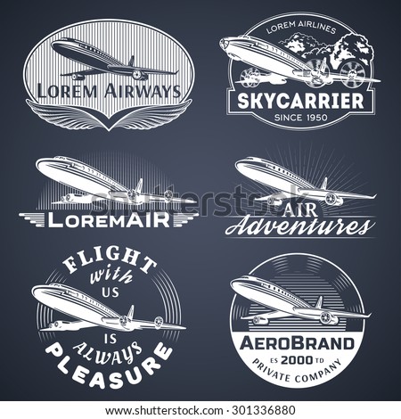 Set of aircraft and air transportation vector labels.Logo templates,badges,emblems,signs black graphic collection.Air voyage,tour,flight promotion and advertising symbols isolated on black background