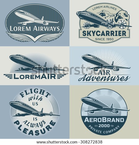 Set of aircraft and air transportation vector labels.Logo templates,badges,emblems,signs color graphic collection.Air voyage,tour,flight promotion and advertising symbols isolated on grey background