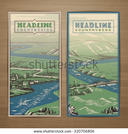 Countryside theme vector card design with landscape of fields, rivers, hills  and small towns and bridges. Brochure, flyer, booklet, postcard template for product promotion and advertising
