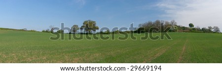 A stitched together panorama of a rural scene with fields and trees