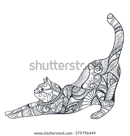 Coloring book. Animal. Cat. Decorative cat. Hand drawn doodle outline vector cat illustration decorated with abstract ornamental drawings. Vector
