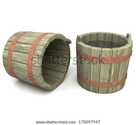 Old wooden buckets ,one filled with water on a white background