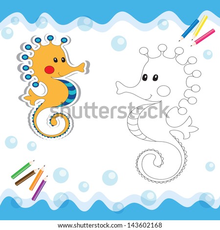 Cartoon Seahorse Isolated On White. Coloring Book. Vector Illustration