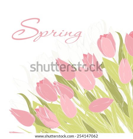 Hand drawn spring tulip flowers. Spring greeting card, Invitation, Template for your design. Vector illustration