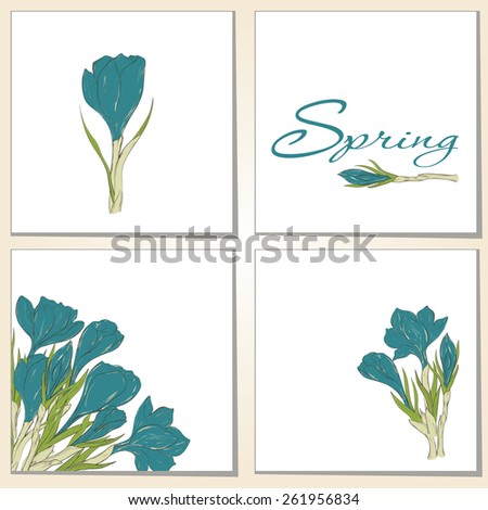 Greeting cards with hand drawn crocus spring flowers. Valentines day card design. Use for Greeting cards, Wedding invitations, announcement cards.