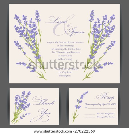 Wedding invitation card with purple lavender flower. Vintage background. Vector illustration.