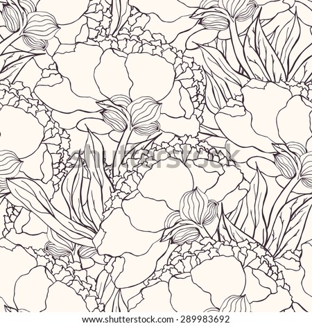 Seamless pattern with hand drawn doodle flowers. Hand drawn design for fabric, wrapping paper, greeting cards or invitation.