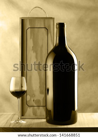 Wine bottle still life with glass of wine and wood box bi tone