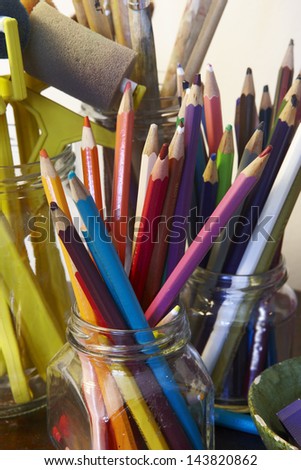 Group of school art craft tools multi colored vertical