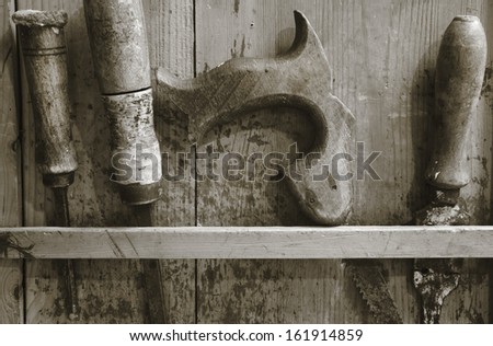 Antique wood works tools black and white image
