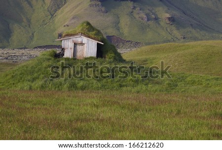 Abandoned cabin in a volcanic landscape of Lakagigar in South area of Iceland