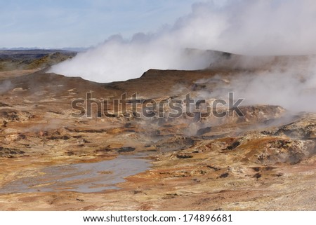 Active volcanic zone at Gunnuhver geothermal area with Boiling water and steam emerging at Reykjanes Peninsula, Iceland