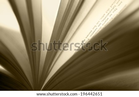 Open book detail in sepia tone. Horizontal format