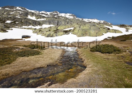 Landscape with rocks and snow on a sunny day. Horizontal