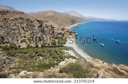 Preveli beach with palm trees in Crete. Greece. Horizontal