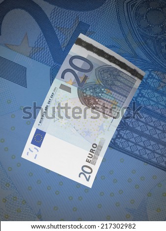 Twenty euro bills collage with blue tone. Vertical format