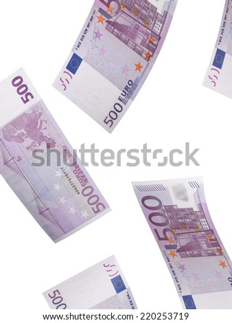 Five hundred euro bill collage isolated on white. Vertical format