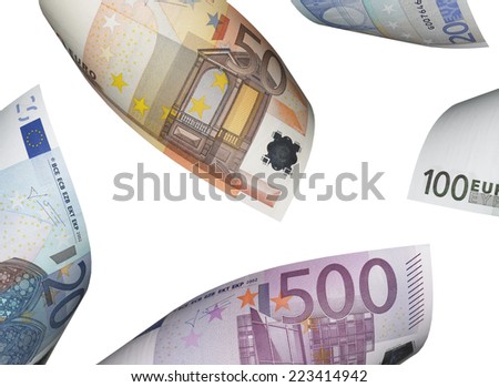 Euro bill collage isolated on white. Horizontal format