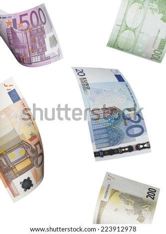 Euro bill collage isolated on white. Vertical format