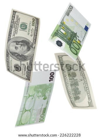 One hundred euro and dollar bill collage isolated on white. Vertical format