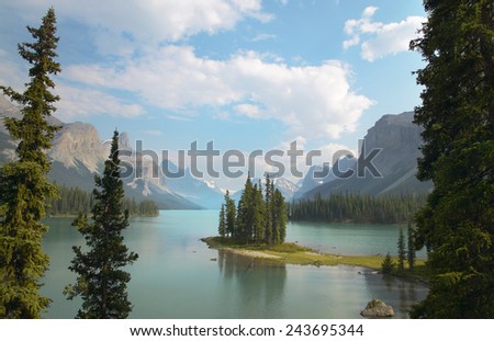 Canadian landscape with Spirit island. Jasper. Alberta. Horizontal