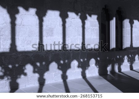 Romanesque arcade with columns and shadows in Olite. Navarra, Spain. Horizontal
