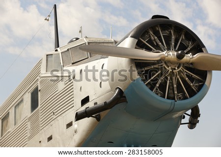 Old fashioned plane with propeller detail. Horizontal
