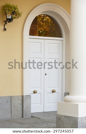 Classic home entrance with door and column in warm tone. Vertical