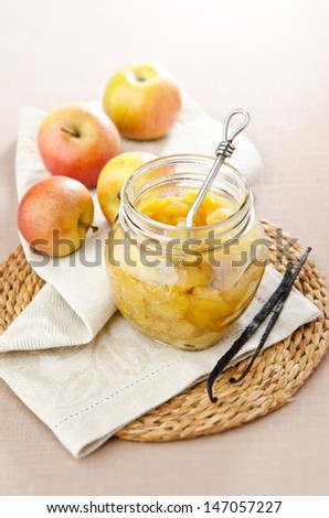apple sauce in the pot on a napkin with vanilla and apples