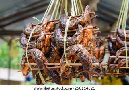 Bunch of dried fish with spices on bamboo sticks. South East Asia, India and Nepal.