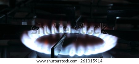 Blue flame of a natural gas on a kitchen gas stove photographed  in a low key