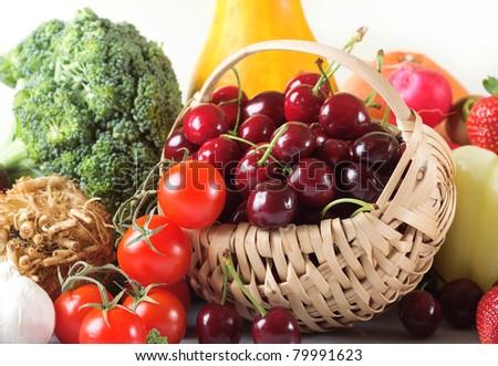 Colorful fresh group of fruits and vegetables for a balanced diet.