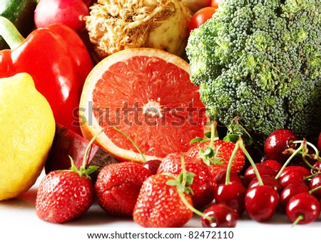 Colorful fresh group of fruits and vegetables for a balanced diet.
