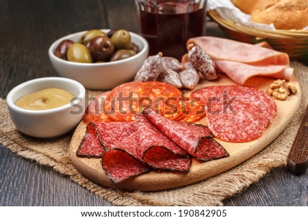 Antipasto catering platter with salami and olives