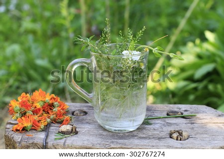 Glass with healing herbs and marigold flowers outdoor
