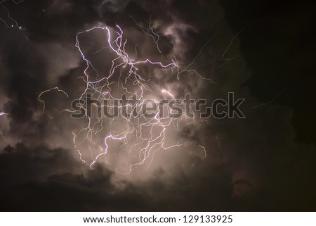 Lightning image composited from twelve strikes over the course of about ten minutes