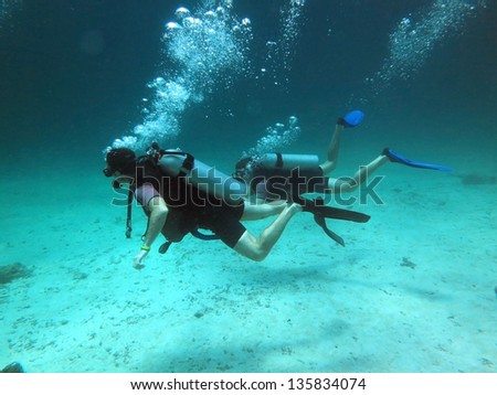 Two Scuba Divers between Water Surface