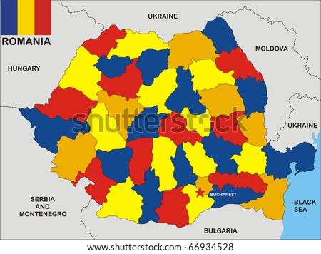 stock photo : political map of Romania country with flag and regions