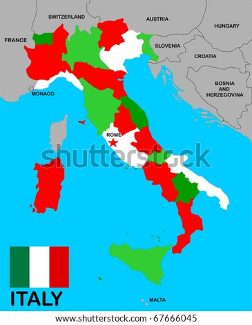 Italy map with states and boundary and flag