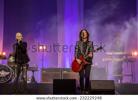 RUSSIA - OCT 30: Marie Fredriksson (left) and Per Gessle (right) of Swedish pop rock band Roxette during performance in Khabarovsk, Russia on October 30,2014