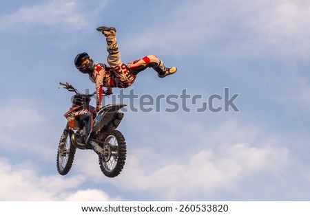 KHABAROVSK - AUG 23: A professional rider at the FMX (Freestyle Motocross) competition at open performances on August 23, 2014 in Khabarovsk, Russia