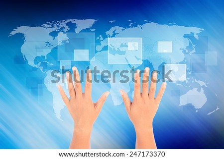 two hand of women on global background.