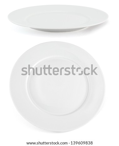 Set of two white ceramic glossy plates isolated over white background
