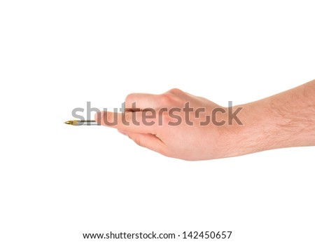 Caucasian hand holding an expensive metal pen isolated over white background